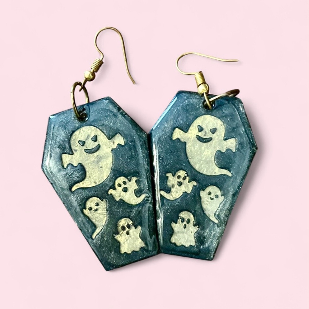 Handmade Coffin Ghost Earrings in Black and Gold